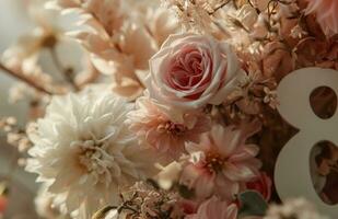 ai généré il nombre 8 avec une grand rose fleur arrangement photo