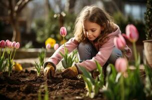 ai généré fille en jouant avec tulipes dans le jardin photo