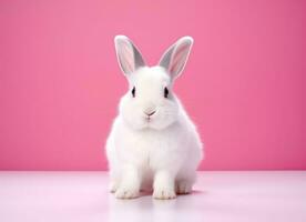 ai généré adorable bronzer et blanc lapin sur rose Contexte lapin photo