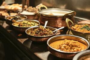 ai généré nombreuses vaisselle de Indien cuisine dans cuivre boules sur en bois photo