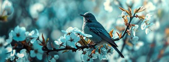 ai généré dans le sauvage bleu épanouissement arbre Contexte photo