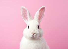 ai généré adorable bronzer et blanc lapin sur rose Contexte lapin photo