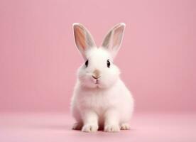 ai généré adorable bronzer et blanc lapin sur rose Contexte lapin photo