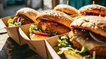 ai généré rue aliments. Viande escalope des hamburgers sont dans papier des boites photo