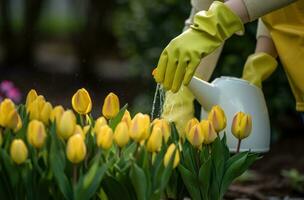 ai généré le femme dans jardinage gants arrosage tulipes dans le jardin photo