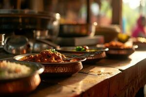 ai généré portion Indien cuisine menu avec cuillères sur en bois table Haut photo