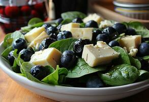 ai généré épinard et bleu fromage bleu baie salade photo
