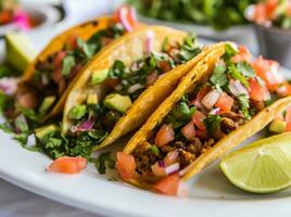 ai généré Trois tacos sont servi sur une blanc table photo