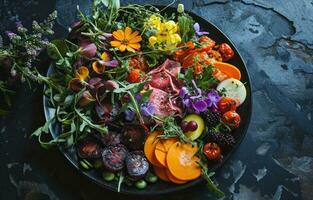 ai généré une magnifique noir salade assiette plein de des légumes photo