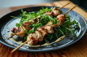 ai généré une plat avec poulet brochettes et légumes verts sur une noir assiette photo