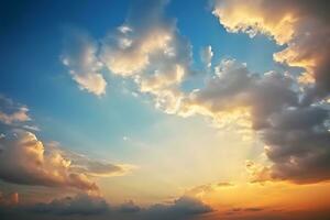 ai généré le magnifique le coucher du soleil vue avec le bleu ciel et des nuages dans été photo