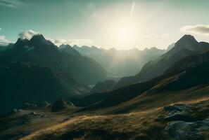 ai généré une Soleil brillant plus de une Montagne intervalle en dessous de bleu ciel photo