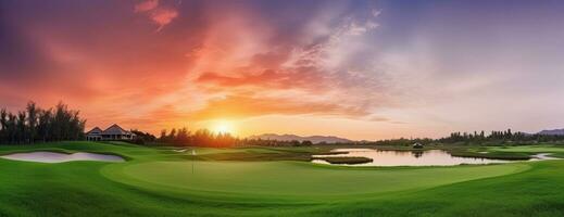 ai généré lever du soleil sérénité à le bord du lac le golf cours paysage photo