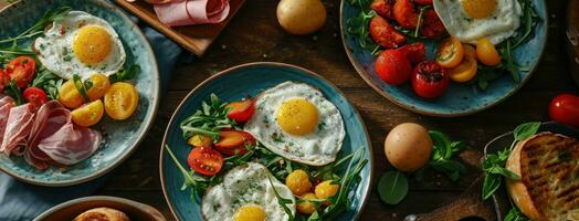 ai généré une bouquet de assiettes allonger en dehors avec œufs, patates photo