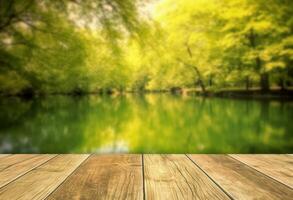 ai généré en bois table Haut avec Naturel vert Contexte de flou Lac photo