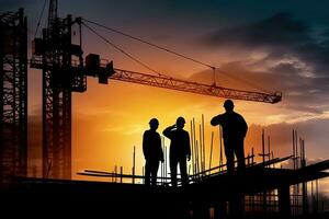 ai généré silhouette de ingénieur et ouvrier avec coupure chemin sur bâtiment placer, construction site à le coucher du soleil dans soir temps. photo