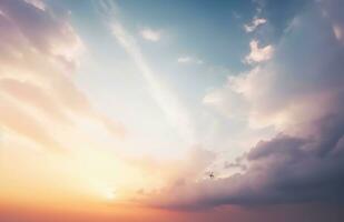 ai généré ciel bleu et Orange lumière de le Soleil par le des nuages dans le ciel survivre photo