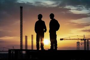 ai généré silhouette de ingénieur et ouvrier avec coupure chemin sur bâtiment placer, construction site à le coucher du soleil dans soir temps. photo