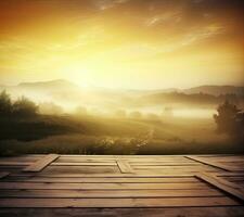 ai généré vide ancien table pour produit afficher montage avec d'or lever du soleil plus de brumeux collines photo