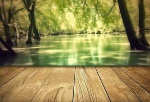 ai généré en bois table Haut avec Naturel vert Contexte de flou Lac photo