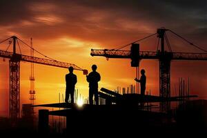 ai généré silhouette de ingénieur et ouvrier avec coupure chemin sur bâtiment placer, construction site à le coucher du soleil dans soir temps. photo