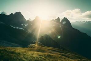 ai généré une Soleil brillant plus de une Montagne intervalle en dessous de bleu ciel photo