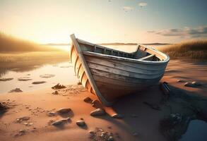 ai généré le coucher du soleil plus de le mer, pêche bateau sur le plage photo
