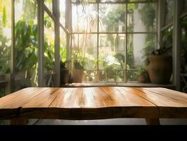 ai généré ancien en bois planche table dans de face de rêveur et abstrait parc paysage photo