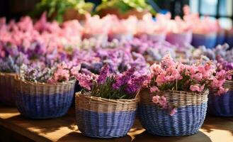 ai généré une grand rangée de coloré paniers de fleurs séance sur une table photo