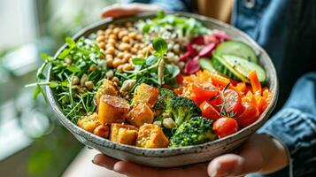 ai généré femme en portant assiette avec végétalien ou végétarien nourriture photo