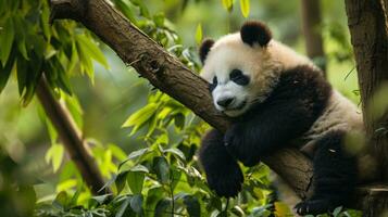 ai généré une bébé Panda sieste sur une arbre branche photo