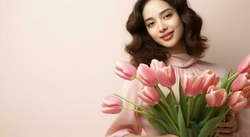 ai généré une femme habillé dans rose en portant une mince bouquet de tulipes photo