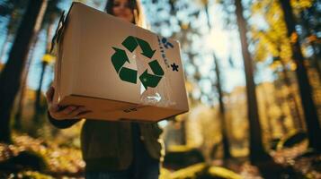 ai généré une Jeune la personne en portant une boîte avec une Plastique recyclage logo dans le parc photo