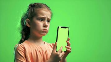 ai généré triste fille dans pêche chandail permanent sur vert Contexte et en portant téléphone avec vert écran dans sa mains photo