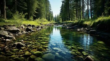 ai généré une rivière écoulement par une forêt. établi avec génératif ai photo