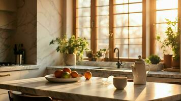 ai généré Photos avec votre marbre cuisine table baigné dans le chaud lueur de Matin lumière du soleil le jouer de lumière sur le surface, création une confortable et attrayant atmosphère.