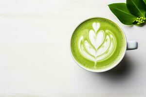 ai généré proche en haut de une vert café tasse sur blanc en bois tableau, Haut voir. photo