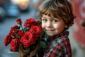 ai généré peu garçon avec une bouquet de rouge des roses. photo