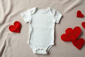 ai généré blanc bébé le maillot de corps avec rouge cœurs sur une blanc Contexte. photo