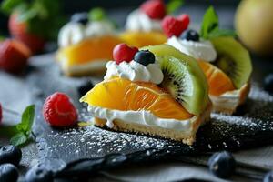 ai généré fruit gâteau avec fouetté crème et Frais baies sur une noir Contexte. photo