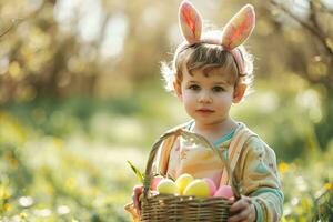 ai généré mignonne peu garçon avec lapin oreilles en portant une panier plein de coloré Pâques des œufs. photo