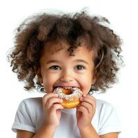 ai généré portrait de une mignonne peu fille en mangeant Donut isolé sur blanc Contexte. photo