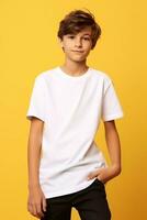 ai généré portrait de une Beau adolescent garçon dans une blanc T-shirt sur une Jaune Contexte. T-shirt maquette. photo