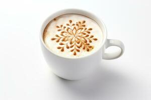ai généré proche en haut de une café tasse avec une flocon de neige en forme de latté art. photo