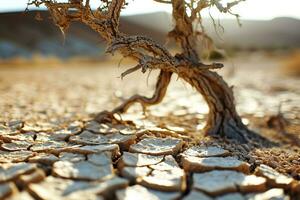 ai généré désert sec fissuré sol avec sec arbre dans le Contexte. photo