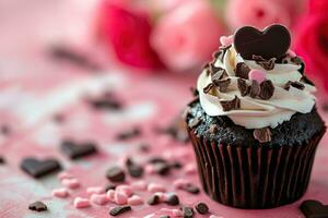 ai généré petit gâteau avec fouetté crème et Chocolat cœurs sur une rose Contexte. photo