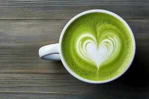 ai généré proche en haut de une vert café tasse avec une cœur en forme de latté art. photo