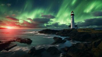 ai généré brûlant phare et nord lumières dans le ciel. génératif ai photo