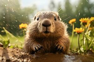 ai généré marmotte dans le sol avec fleurs pendant pluie photo