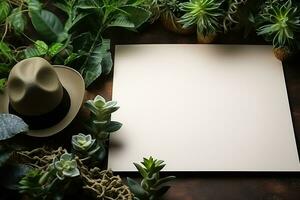 ai généré Vide blanc papier avec vert les plantes dans jardin photo